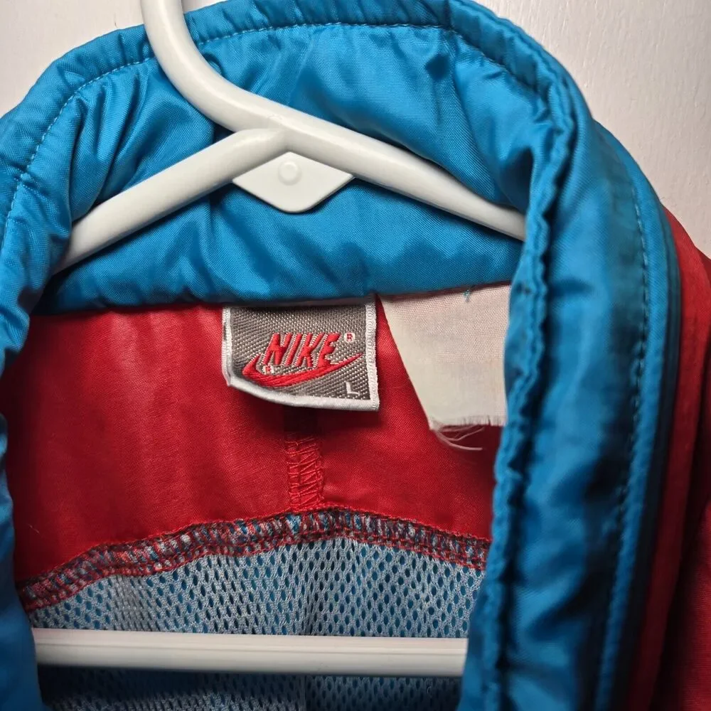 Nike Vintage 90s Blue Color Block Mens Hooded Windbreaker Jacket Large